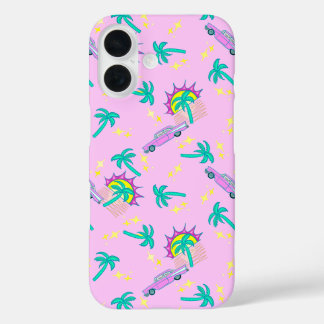 pink retro palm trees and car iPhone 16 case