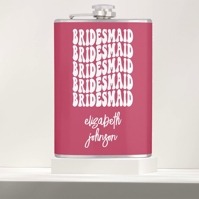 Pink Retro Personalised Bachelorette Bridesmaid Hip Flask (Creator Uploaded)