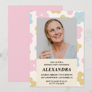 Pink Retro Photo Floral 54th birthday invitation 
