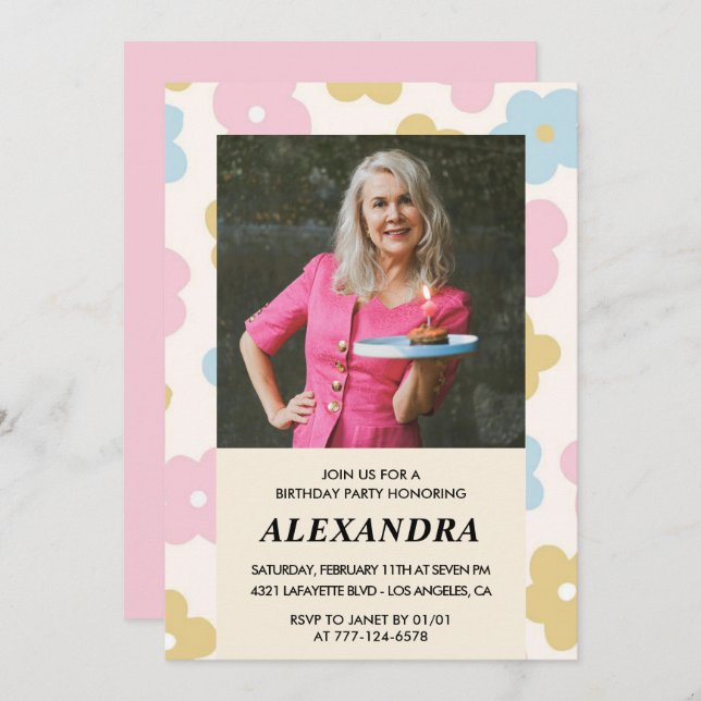 Pink Retro Photo Floral 78th birthday invitation  (Front/Back)