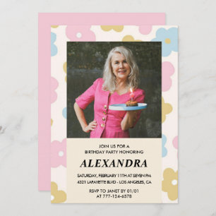 Pink Retro Photo Floral 78th birthday invitation 