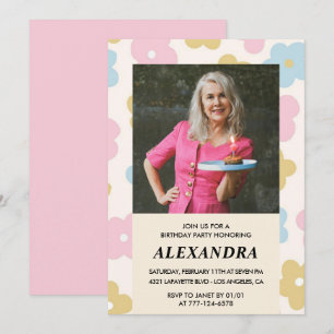 Pink Retro Photo Floral 87th birthday invitation 