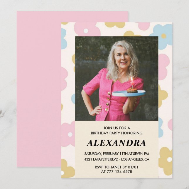 Pink Retro Photo Floral 88th birthday invitation  (Front/Back)