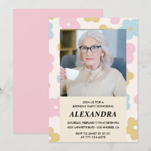 Pink Retro Photo Floral 94th birthday invitation