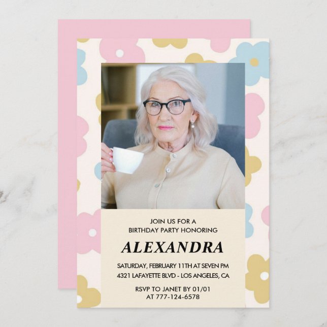 Pink Retro Photo Floral 98th birthday invitation  (Front/Back)