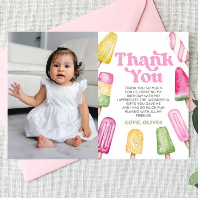 Pink Retro Popsicle Custom Picture Birthday Party Thank You Card (Creator Uploaded)