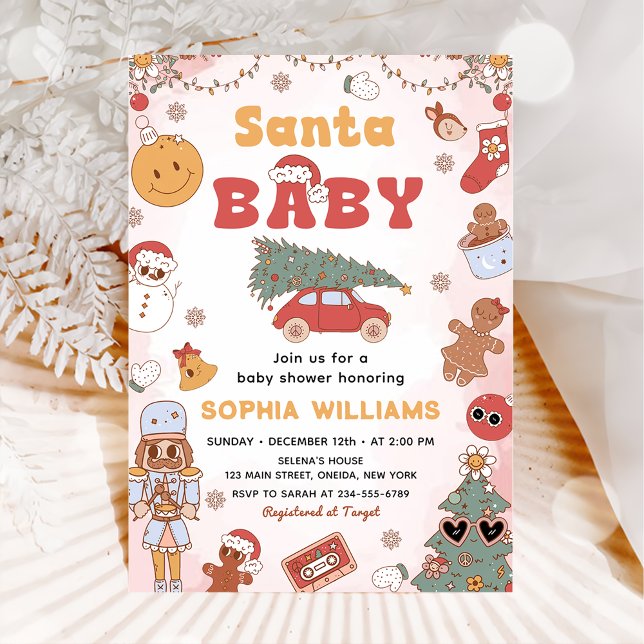 Pink Retro Santa Baby Christmas Baby Shower Invitation (Creator Uploaded)