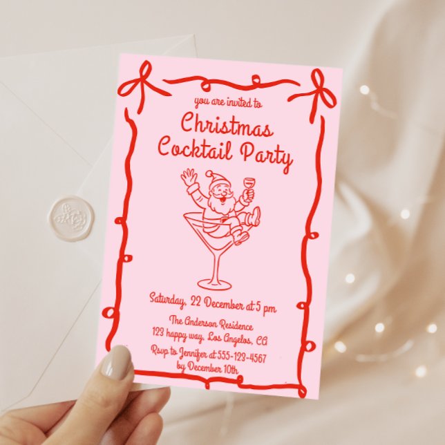 Pink Retro Santa Christmas Cocktail Party Invitation (Creator Uploaded)