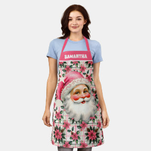Pink Retro Santa Claus Christmas Floral Plaid Apron
