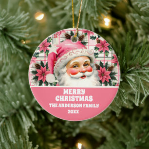 Pink Retro Santa Claus Christmas Floral Plaid  Ceramic Ornament