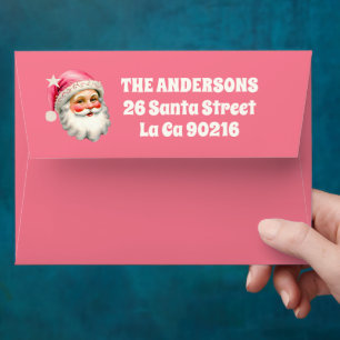 Pink Retro Santa Claus Christmas Floral Plaid  Envelope