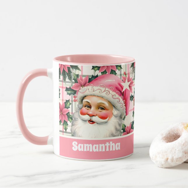Pink Retro Santa Claus Christmas Floral Plaid  Mug (With Donut)
