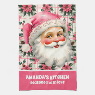 Pink Retro Santa Claus Christmas Floral Plaid Tea Towel