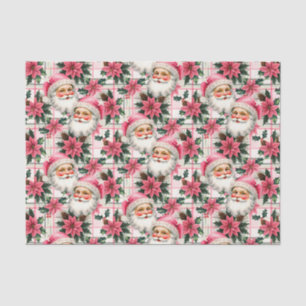Pink Retro Santa Claus Christmas Floral Plaid Tissue Paper