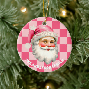 Pink Retro Santa Claus Pink Tartan Plaid Christmas Ceramic Ornament