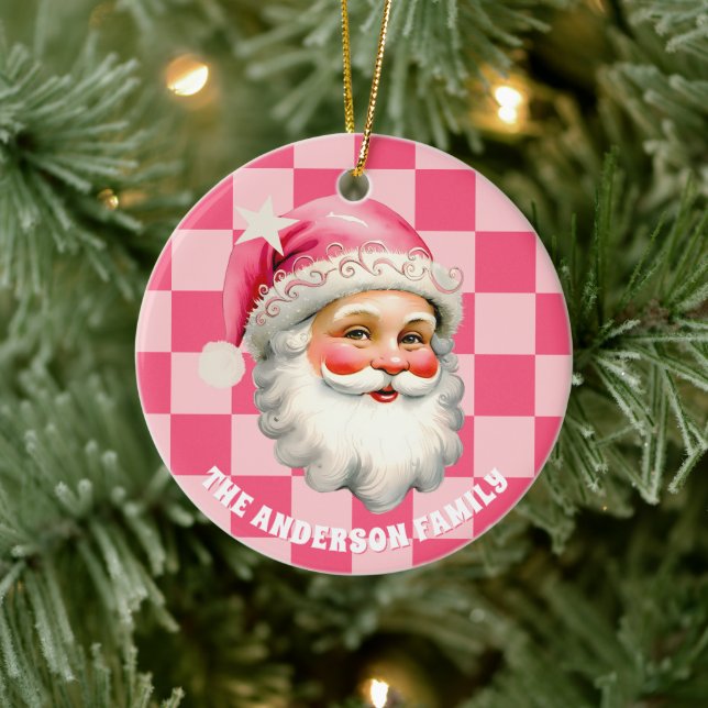 Pink Retro Santa Claus Pink Tartan Plaid Christmas Ceramic Ornament (Tree)