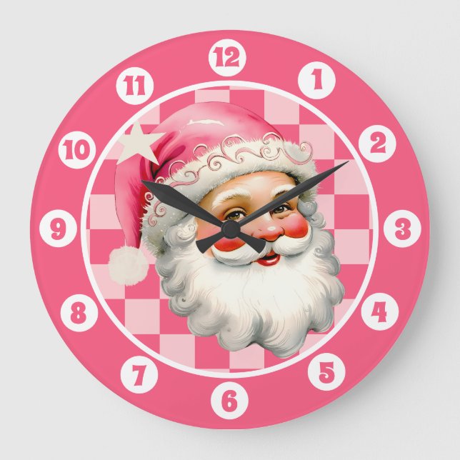 Pink Retro Santa Claus Pink Tartan Plaid Christmas Large Clock (Front)