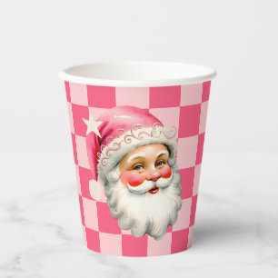 Pink Retro Santa Claus Pink Tartan Plaid Christmas Paper Cups