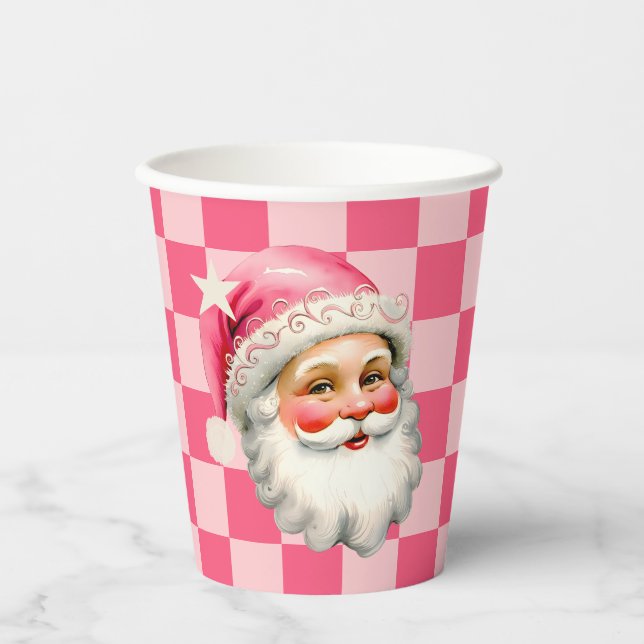 Pink Retro Santa Claus Pink Tartan Plaid Christmas Paper Cups (Front)