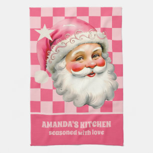 Pink Retro Santa Claus Pink Tartan Plaid Christmas Tea Towel