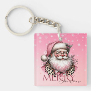 Pink Retro Santa Claus Vintage Merry Christmas Key Ring