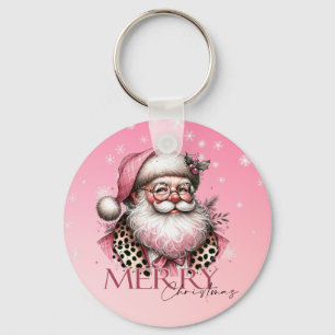 Pink Retro Santa Claus Vintage Merry Christmas Key Ring