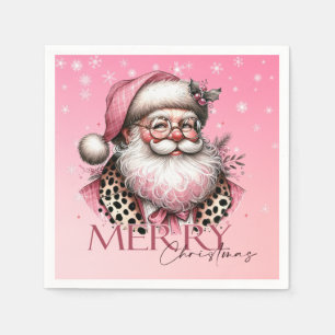 Pink Retro Santa Claus Vintage Merry Christmas Napkin