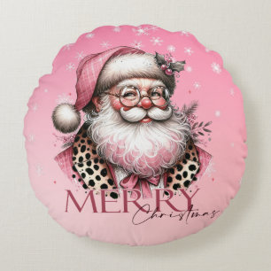 Pink Retro Santa Claus Vintage Merry Christmas Round Cushion