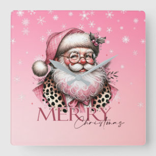 Pink Retro Santa Claus Vintage Merry Christmas Square Wall Clock