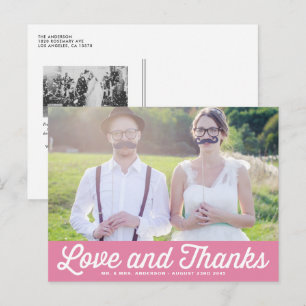 Pink Retro Script Photo Wedding Thank You Postcard