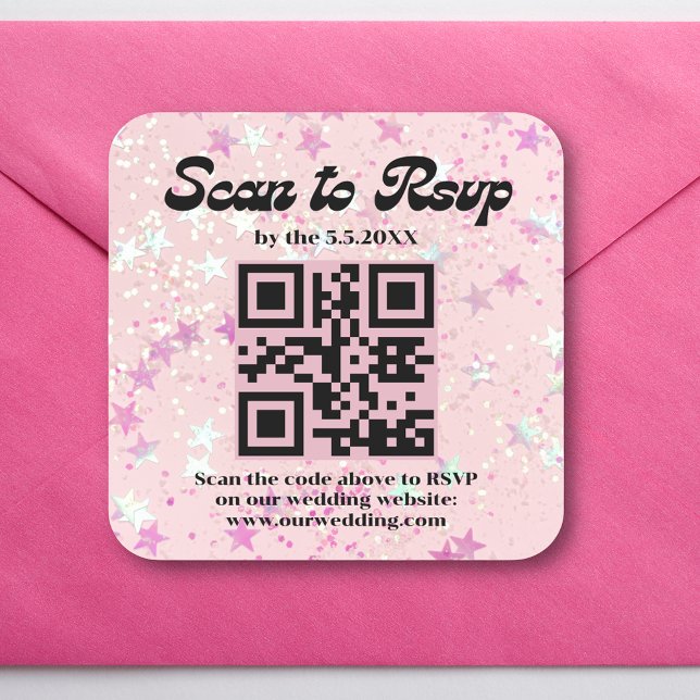 pink retro script rsvp qr code wedding   square sticker (Creator Uploaded)
