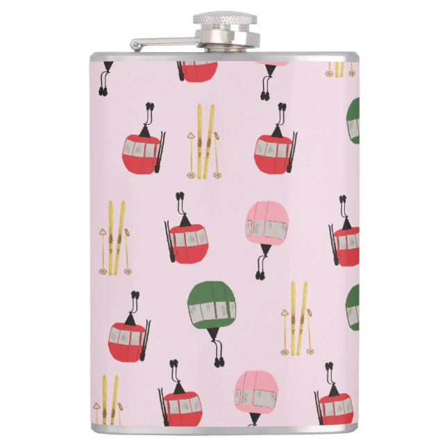 Pink Retro Ski Lift Apres Ski Winter Skiing Skier Hip Flask (Front)