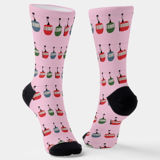 Pink Retro Ski Lift Gondola Winter Skiers Socks (Angled)