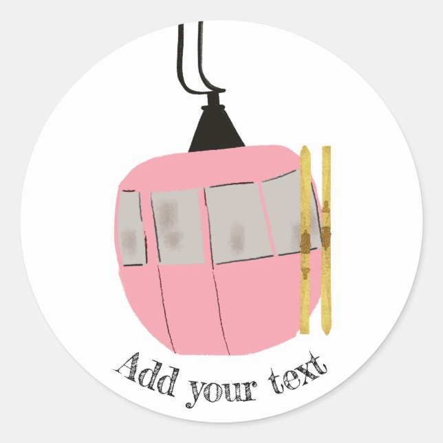 Pink Retro Ski Lift Skiing Illustration Classic Round Sticker (Front)