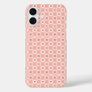 Pink Retro Snowflakes And Hearts Pattern iPhone 16 Plus Case