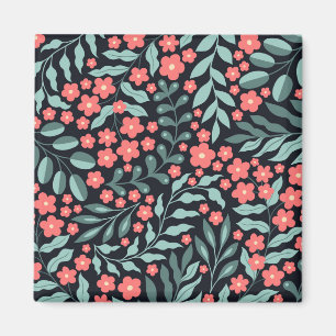 Pink retro style blooming flowers in Nordic style Magnet
