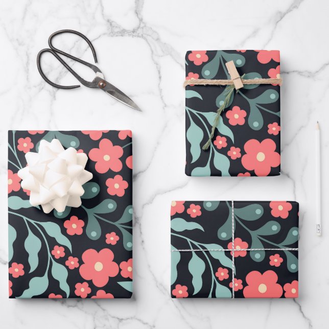 Pink retro style blooming flowers in Nordic style Wrapping Paper Sheet (Front)