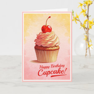 Pink Retro Style Cherry Cupcake Birthday Card
