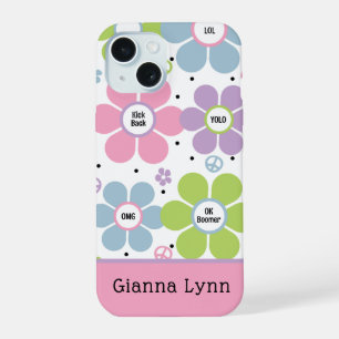 Pink Retro-Style Flower Power Monogram iPhone 15 Case