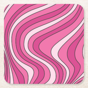 Pink retro style waves square paper coaster