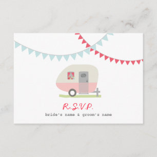 Pink Retro Trailer & Bunting Wedding RSVP Card