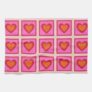 Pink Retro Vintage Chequered Heart Y2K Pattern Tea Towel