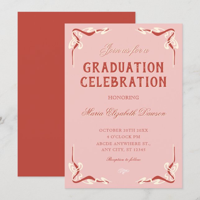 Pink retro vintage graduation invitation (Front/Back)