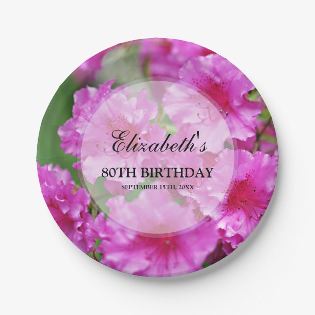 Pink Rhododendron Flowers 80th Birthday Paper Plate (Front)