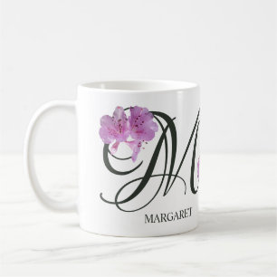 Pink rhododendron flowers by Berglind M monogram Coffee Mug