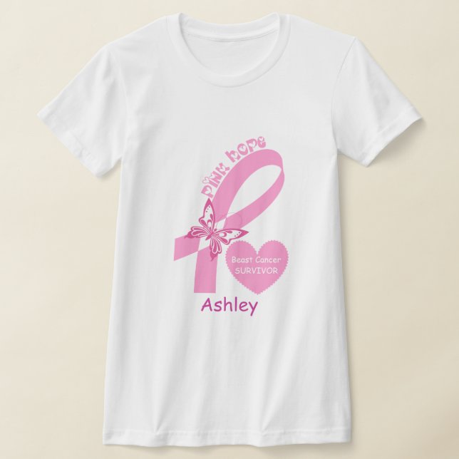 Pink Ribbon and butterfy Breast cancer survivor  T-Shirt (Laydown)