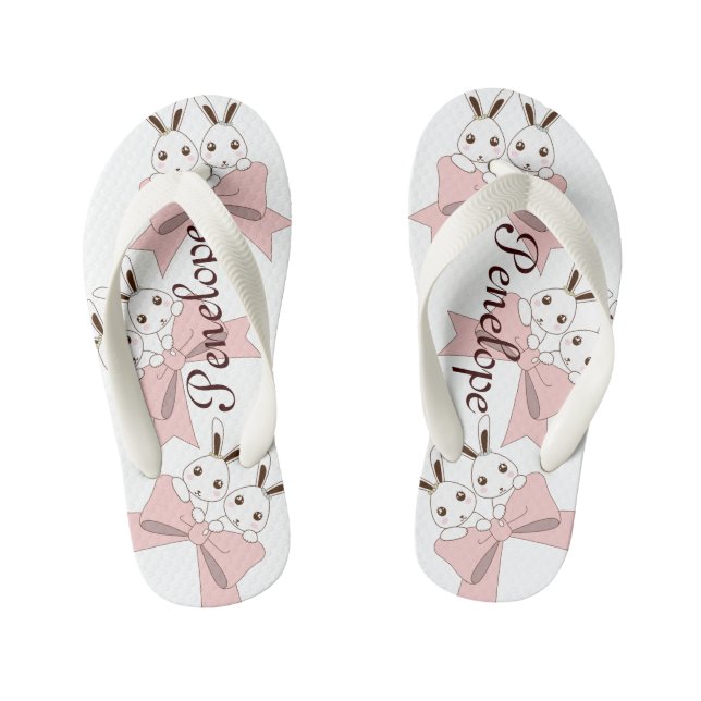 Pink Ribbon and Cute Twin Bunny Custom Kid's Thongs (Footbed)