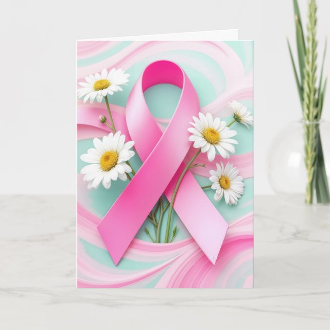 Pink Ribbon and Daisies Breast Cancer Awareness Card (Front)