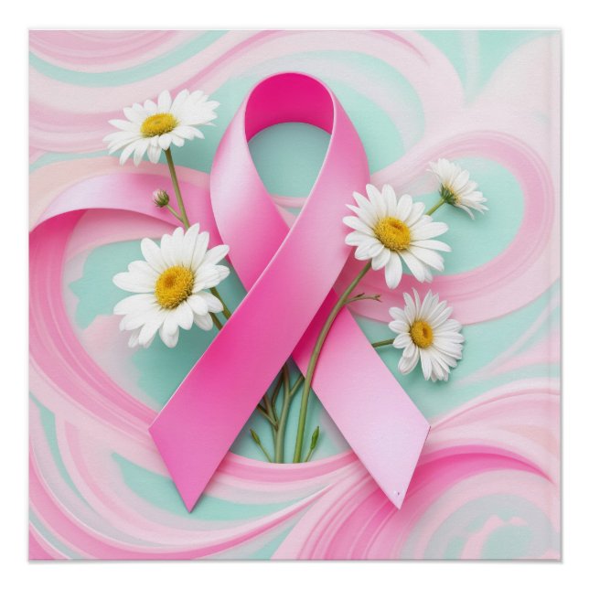 Pink Ribbon and Daisies Breast Cancer Awareness Poster (Front)
