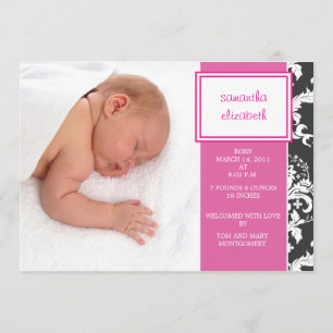 Pink Ribbon and Damask Birth Announcement